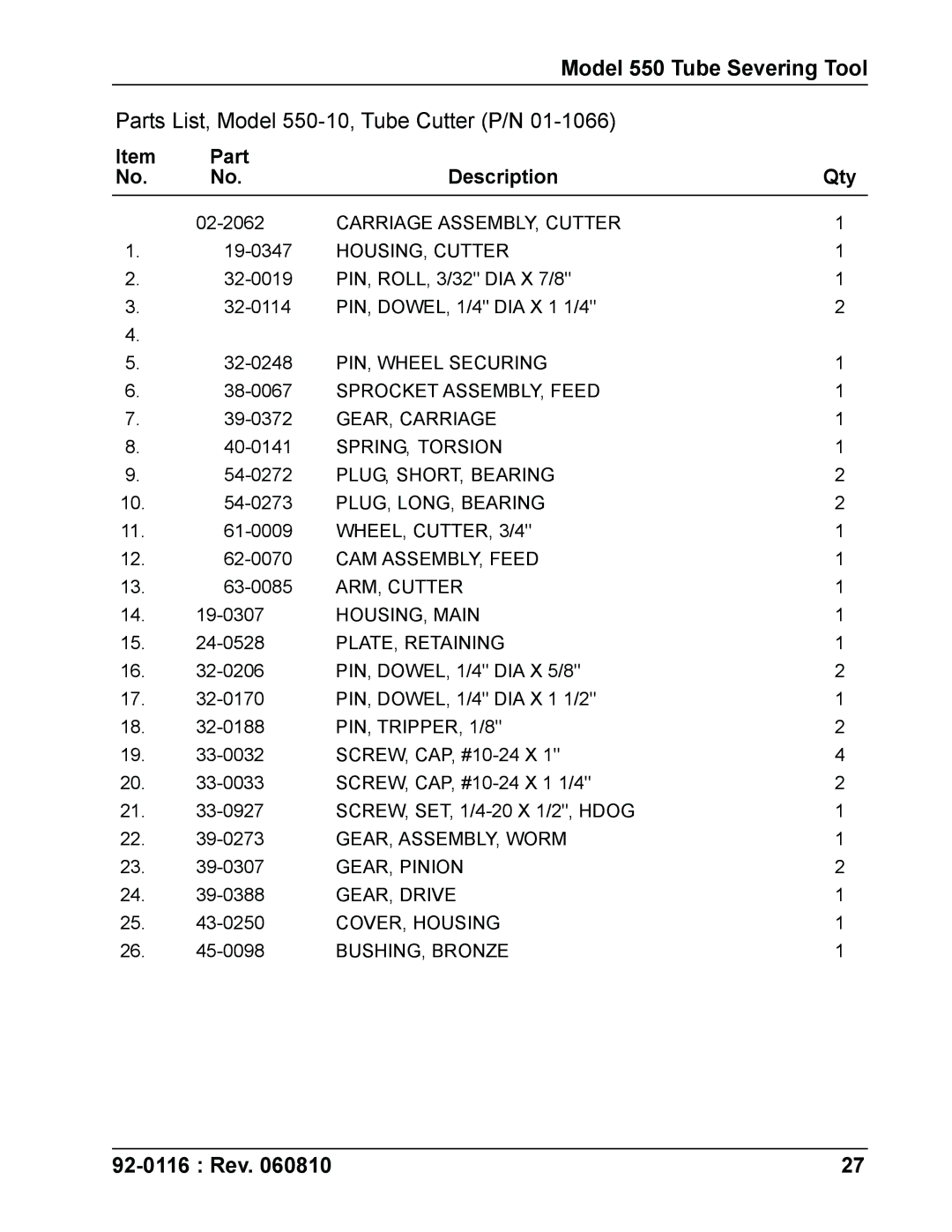 DeWalt specifications Parts List, Model 550-10, Tube Cutter P/N 