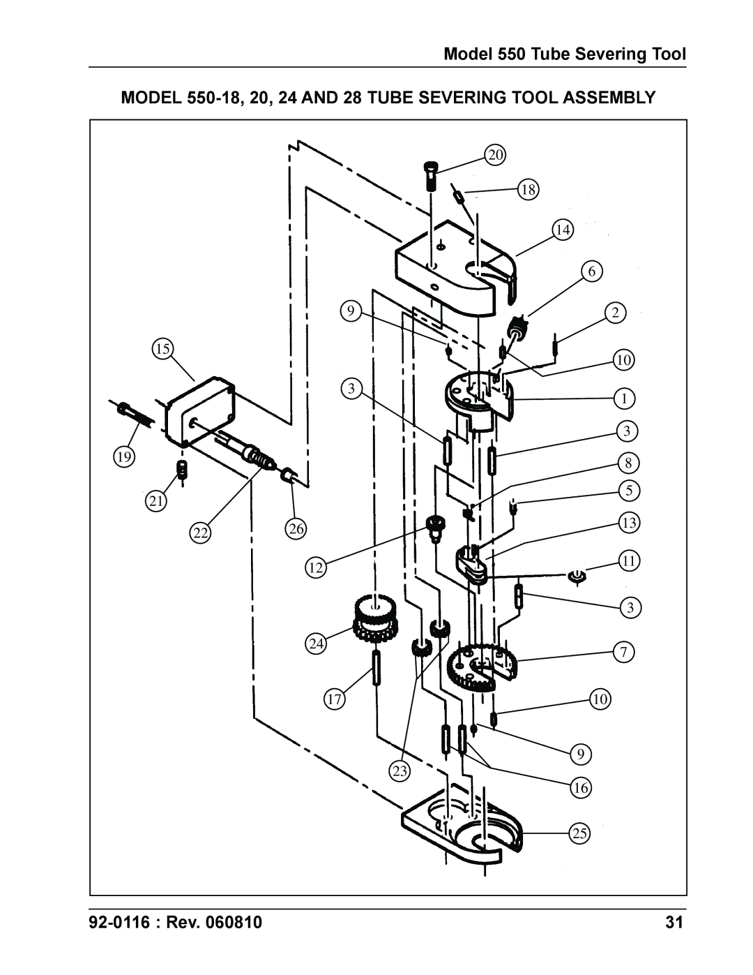 DeWalt specifications Model 550-18, 20, 24 and 28 Tube Severing Tool Assembly 