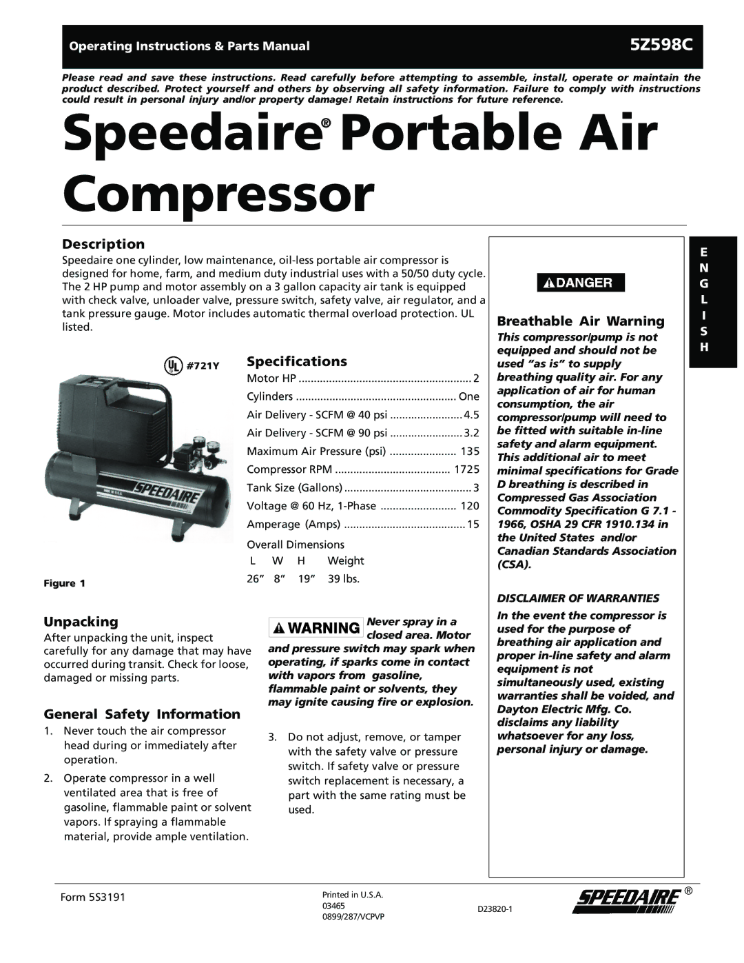 DeWalt 5Z598C specifications Description, Specifications, Breathable Air Warning, Unpacking, General Safety Information 