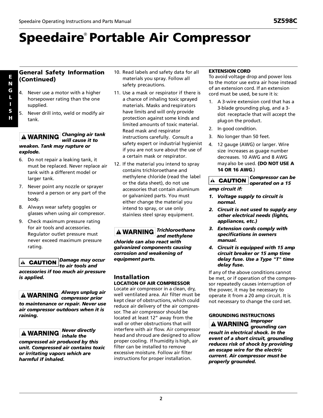 DeWalt 5Z598C specifications Installation, Extension Cord, Grounding Instructions 