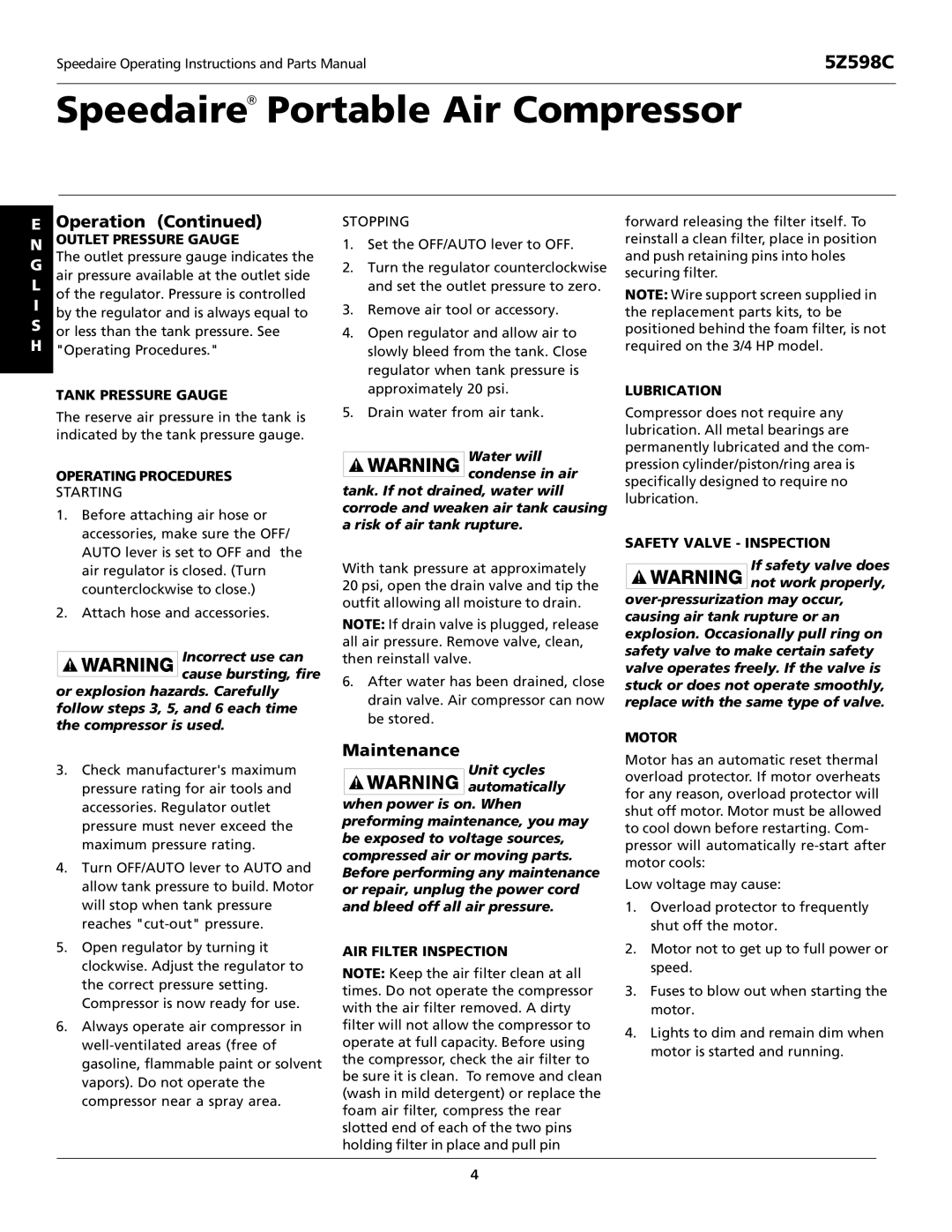 DeWalt 5Z598C specifications Maintenance 