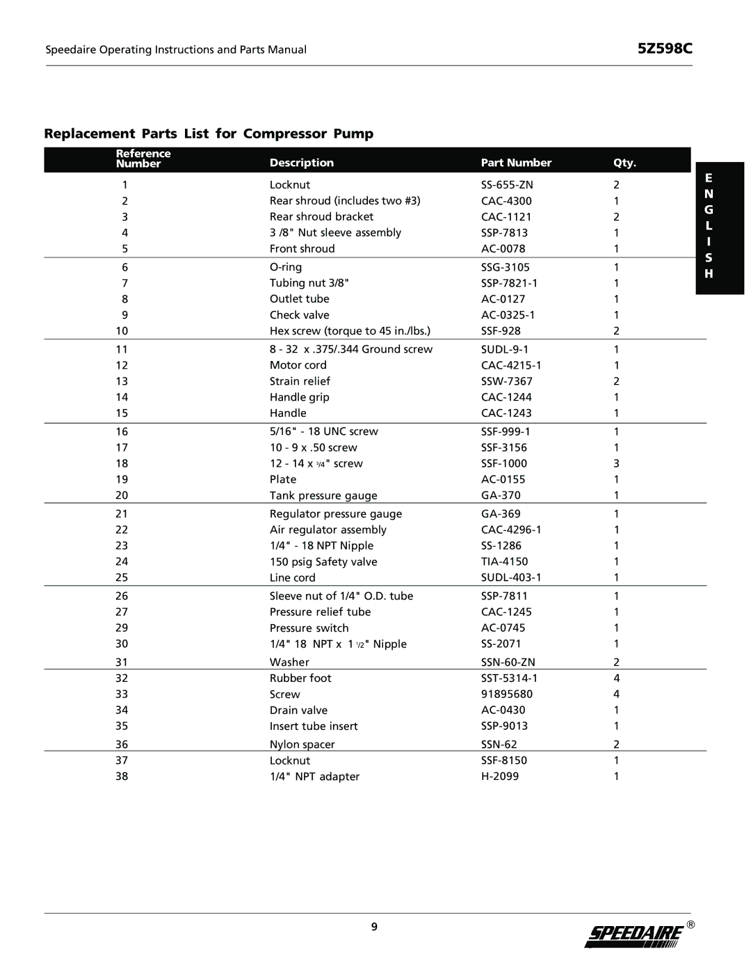 DeWalt 5Z598C specifications Replacement Parts List for Compressor Pump, Reference Description Part Number Qty 