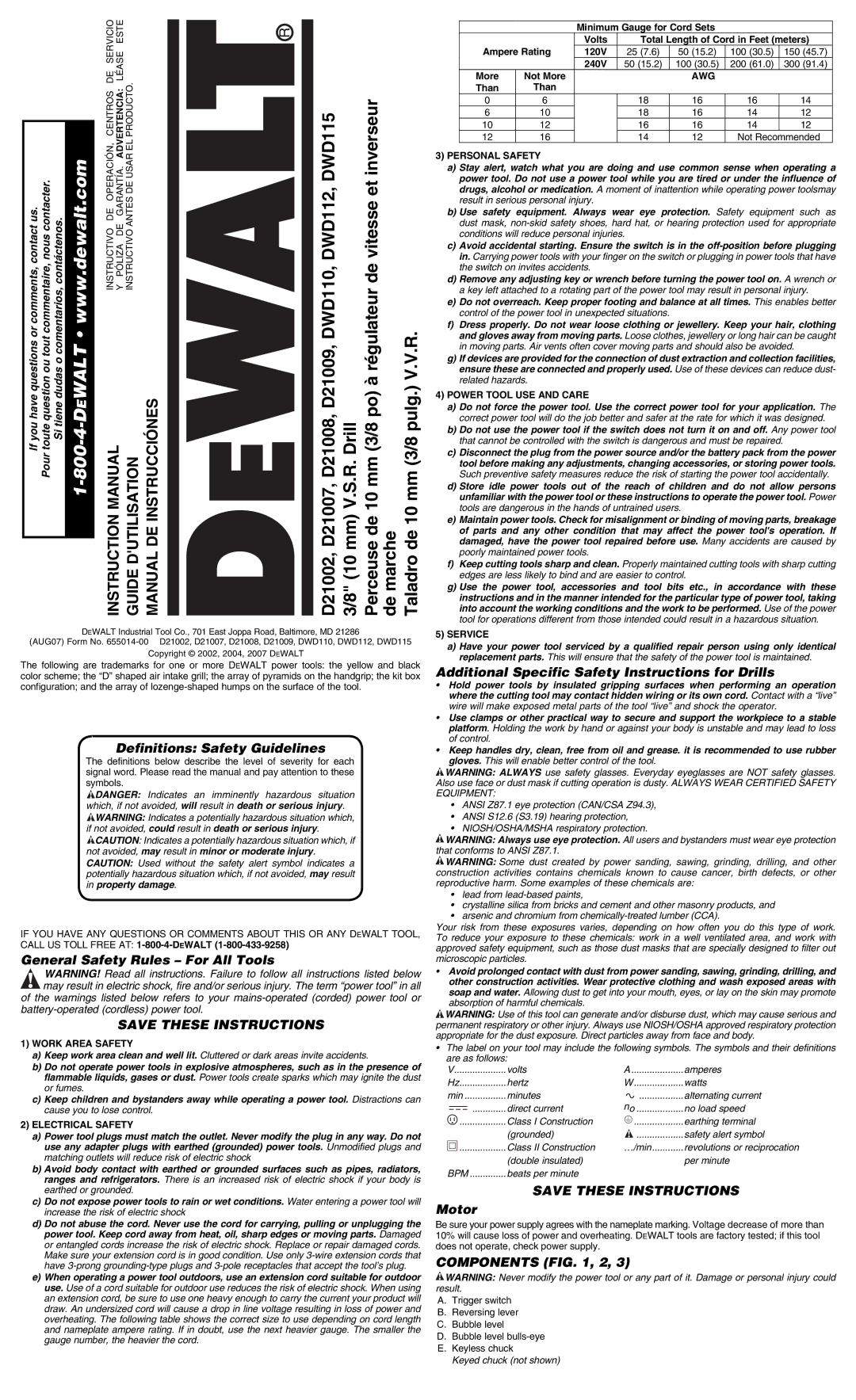 DeWalt D21002 instruction manual Definitions Safety Guidelines, General Safety Rules For All Tools, Motor, Components , 2 