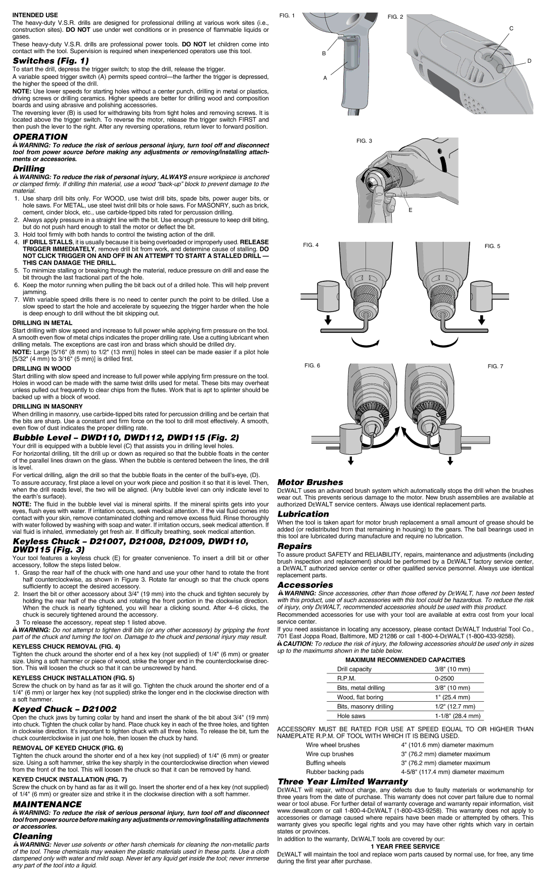 DeWalt D21009, 655014-00, D21002, DWD110, DWD112, DWD115 instruction manual Operation, Maintenance 