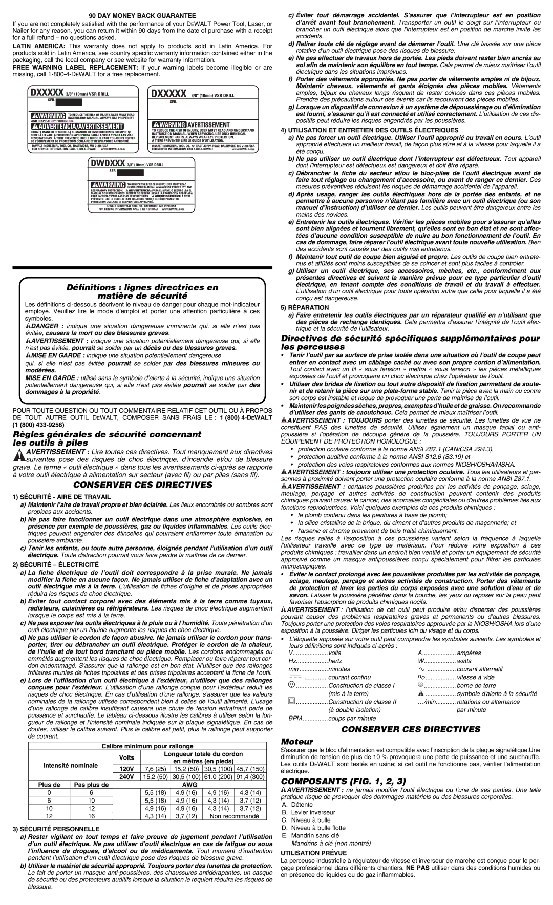 DeWalt DWD110 Définitions lignes directrices en Matière de sécurité, Conserver CES Directives, Moteur, Composants , 2 