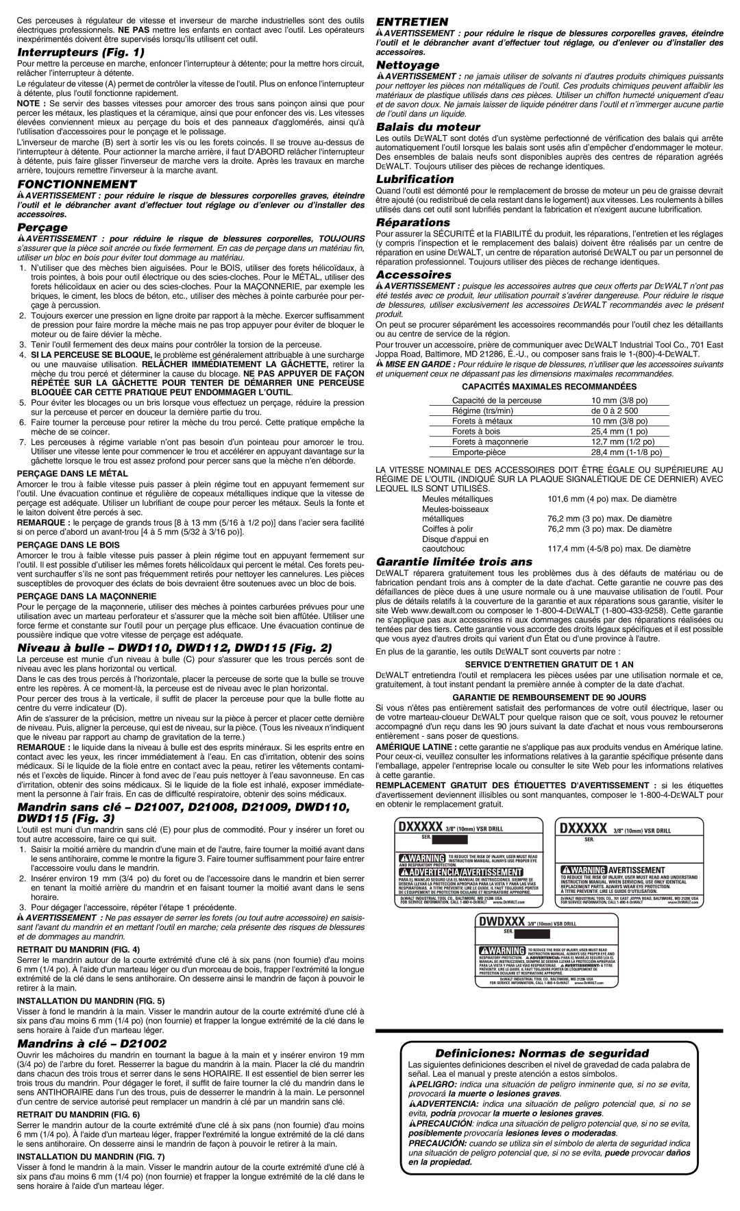 DeWalt DWD112, 655014-00, D21002, D21009, DWD110, DWD115 instruction manual Fonctionnement, Entretien 