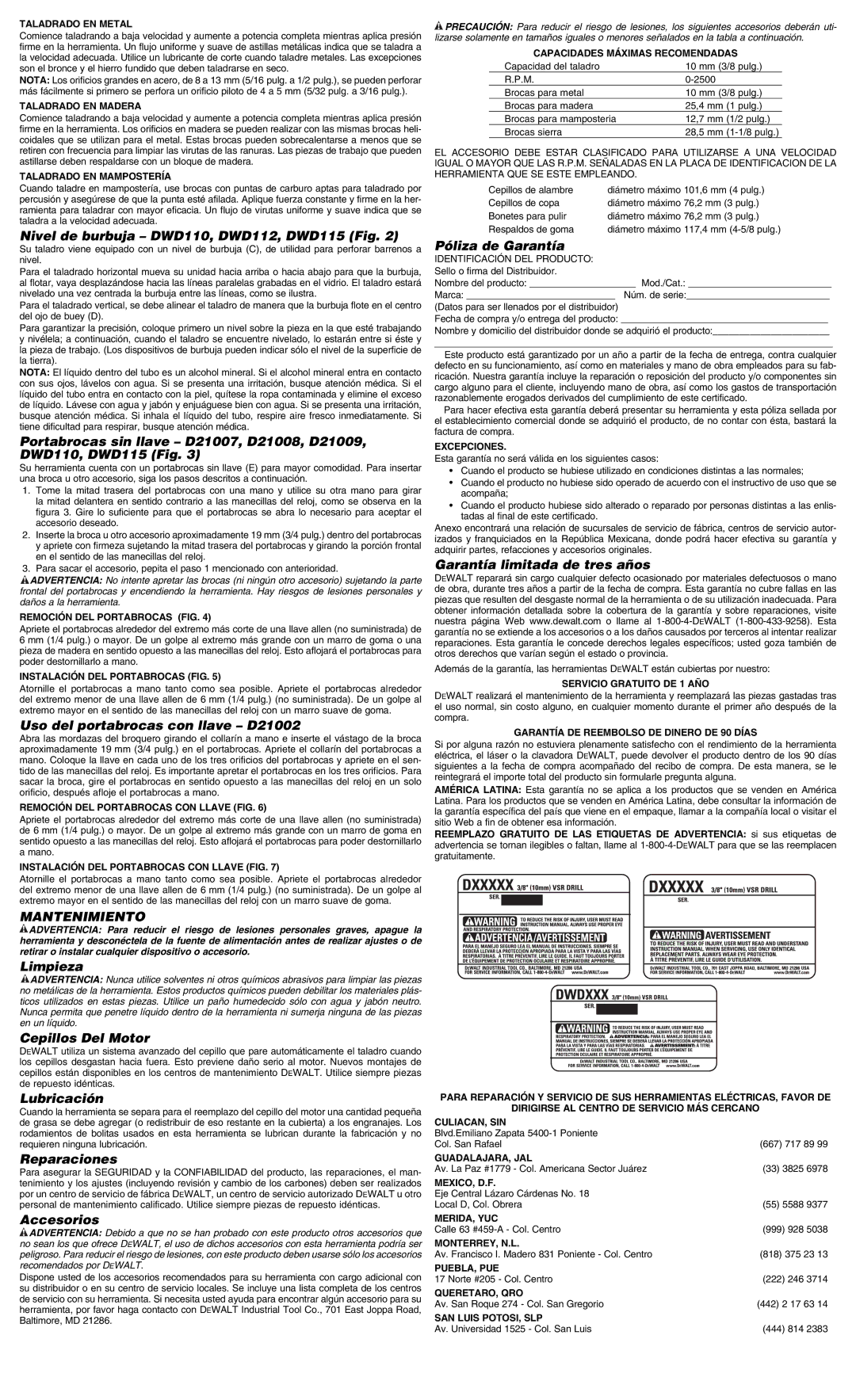 DeWalt 655014-00, D21002, D21009, DWD110, DWD112, DWD115 instruction manual Mantenimiento 