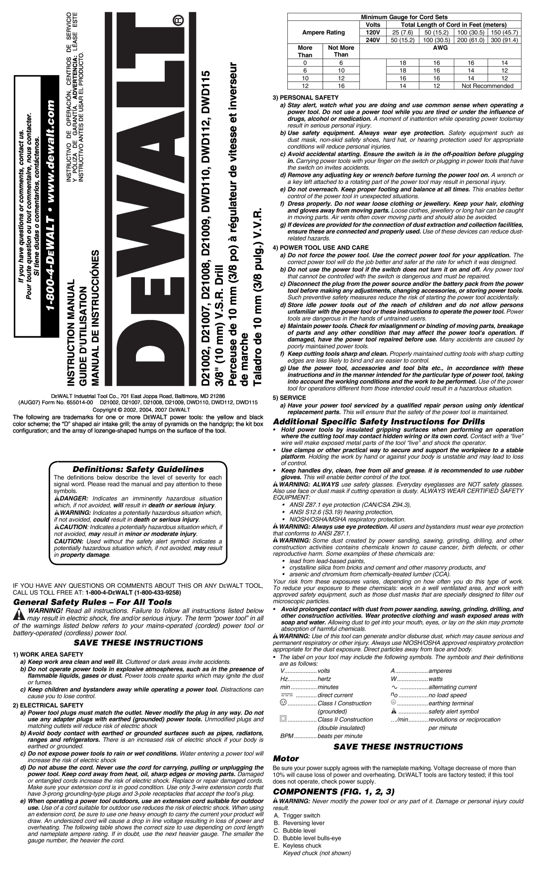 DeWalt D21002, 655014-00, D21009, DWD110 instruction manual Instruction Manual, Guide Dutilisation Manual De Instrucciónes 