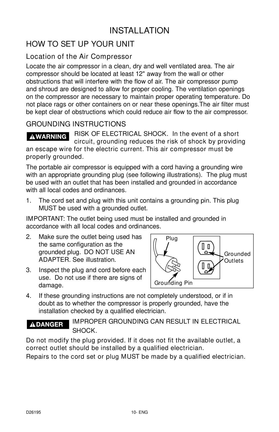 DeWalt 66-651 instruction manual Installation, Location of the Air Compressor 