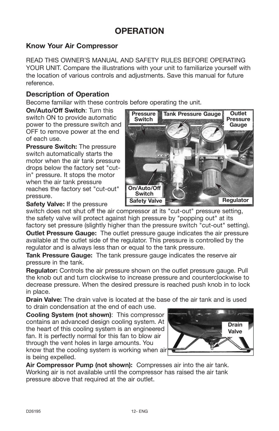 DeWalt 66-651 instruction manual Know Your Air Compressor Description of Operation 