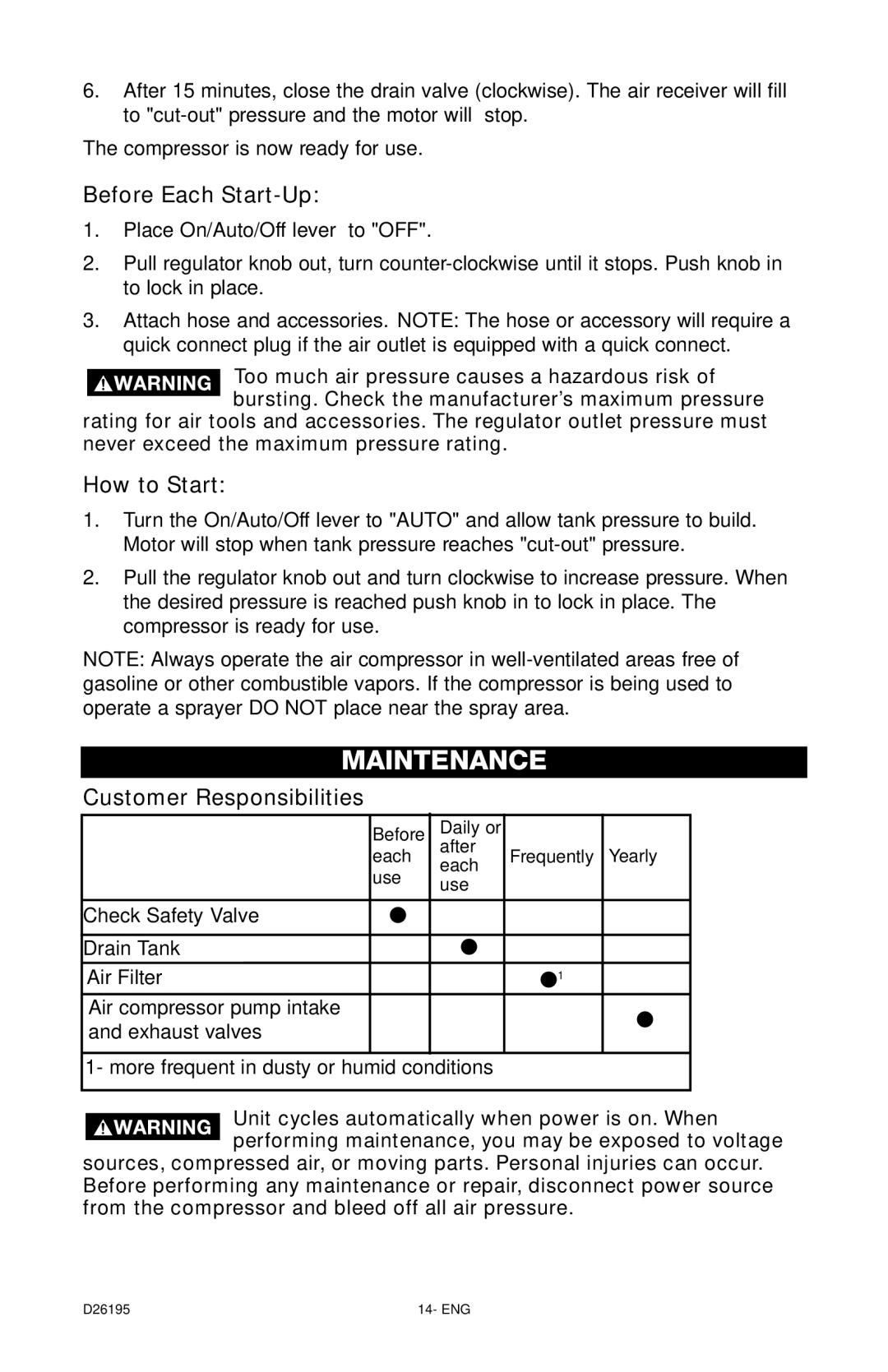 DeWalt 66-651 instruction manual Before Each Start-Up, How to Start, Customer Responsibilities 