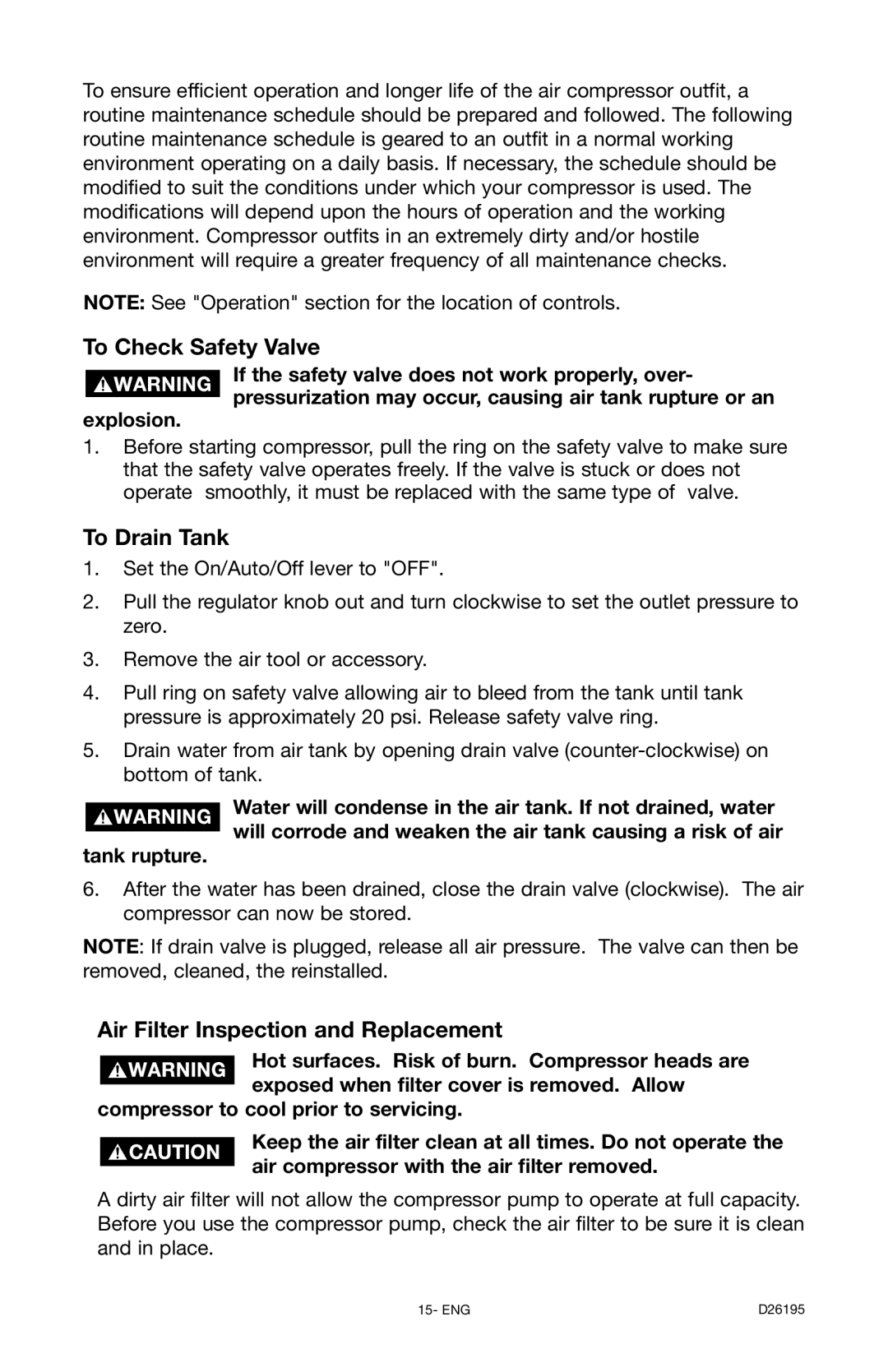 DeWalt 66-651 instruction manual To Check Safety Valve, To Drain Tank, Air Filter Inspection and Replacement 