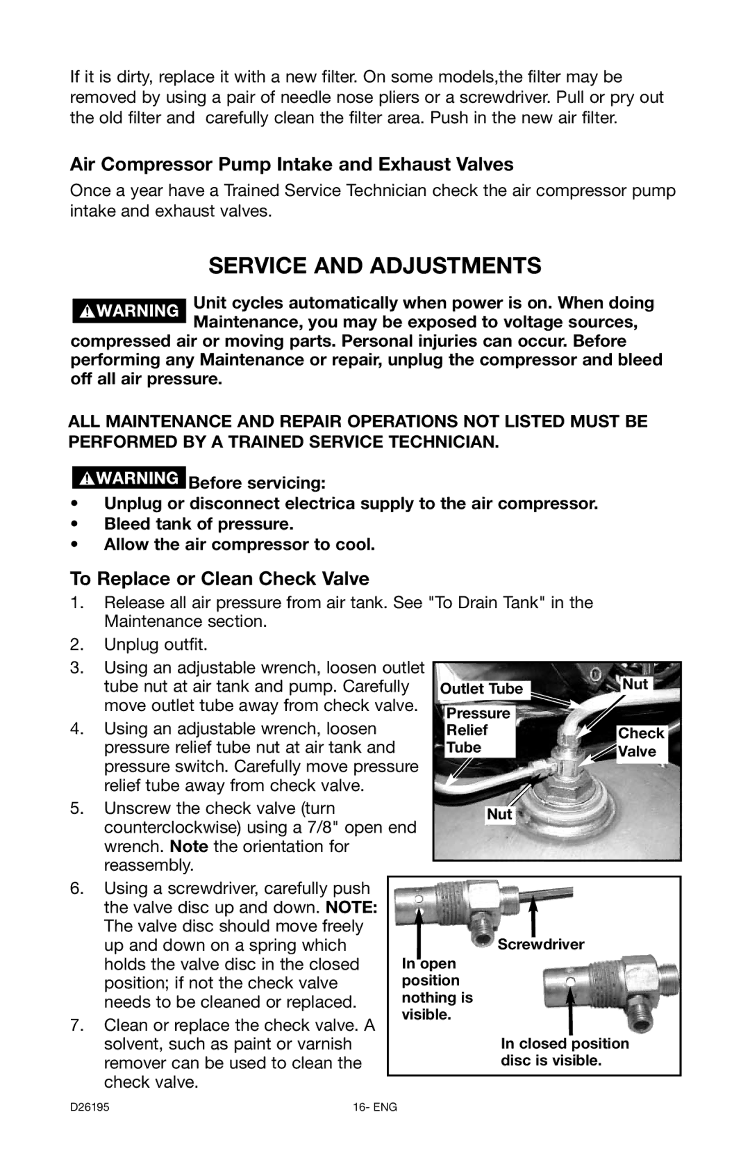 DeWalt 66-651 Service and Adjustments, Air Compressor Pump Intake and Exhaust Valves, To Replace or Clean Check Valve 