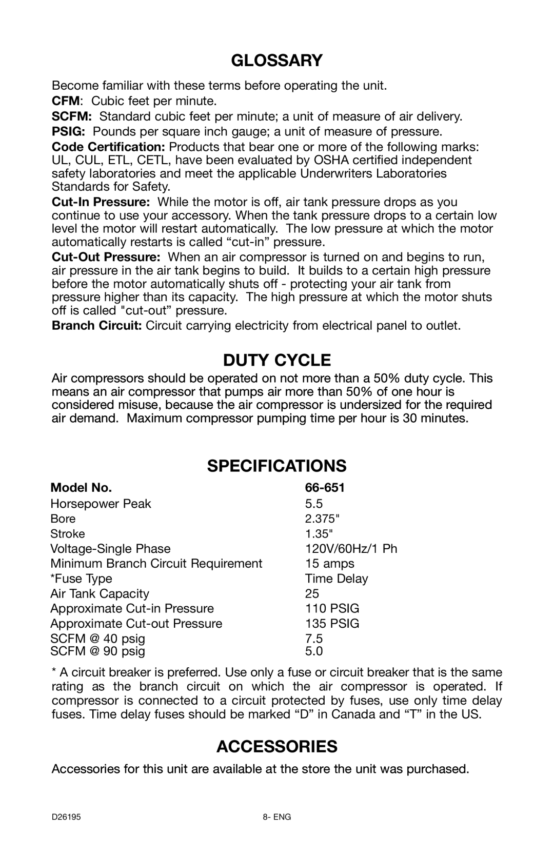 DeWalt 66-651 instruction manual Glossary, Duty Cycle, Specifications, Accessories 