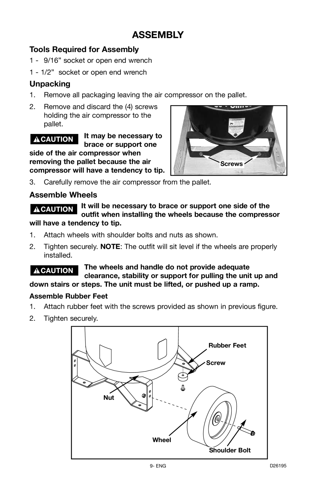 DeWalt 66-651 instruction manual Tools Required for Assembly, Unpacking, Assemble Wheels 