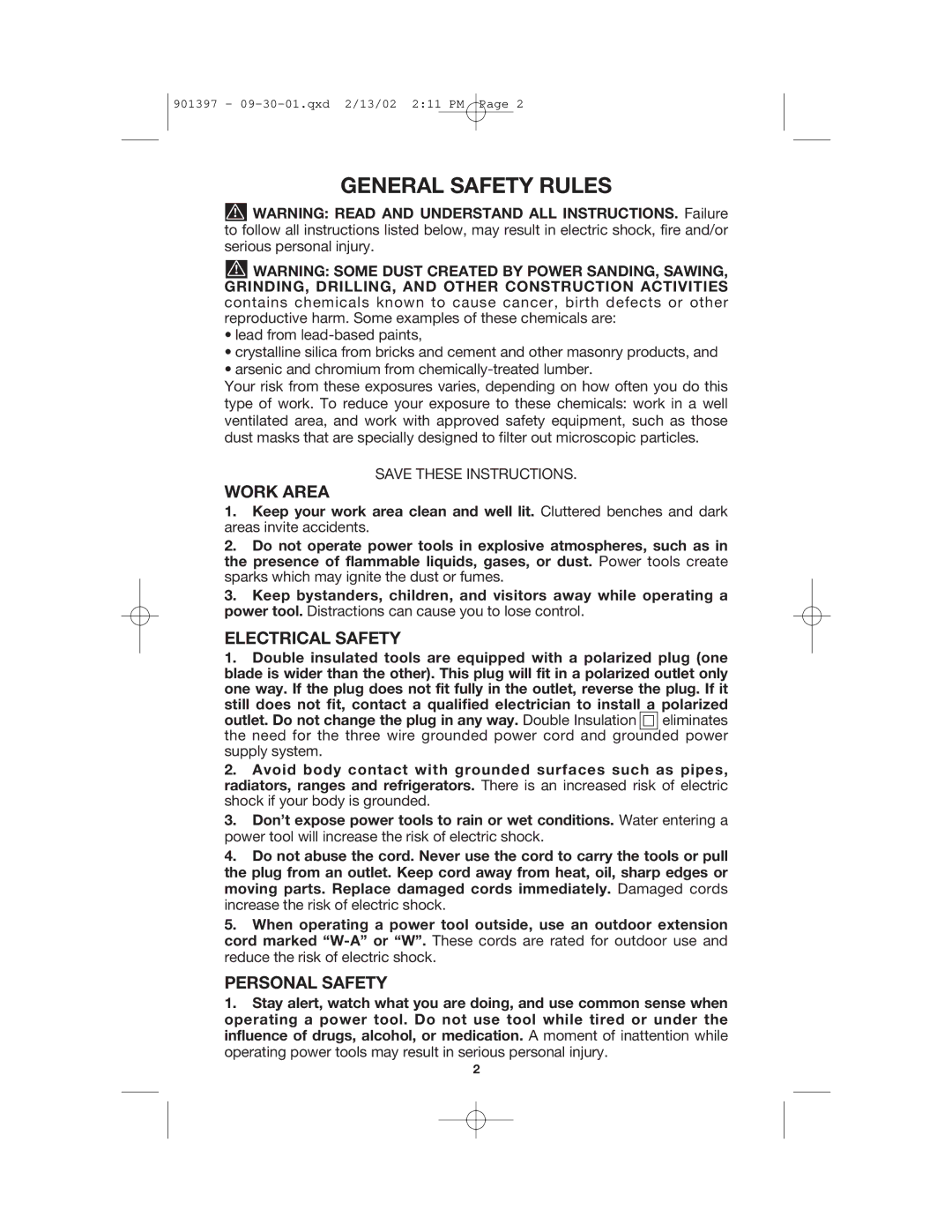 DeWalt 7408 instruction manual General Safety Rules, Work Area, Electrical Safety, Personal Safety 