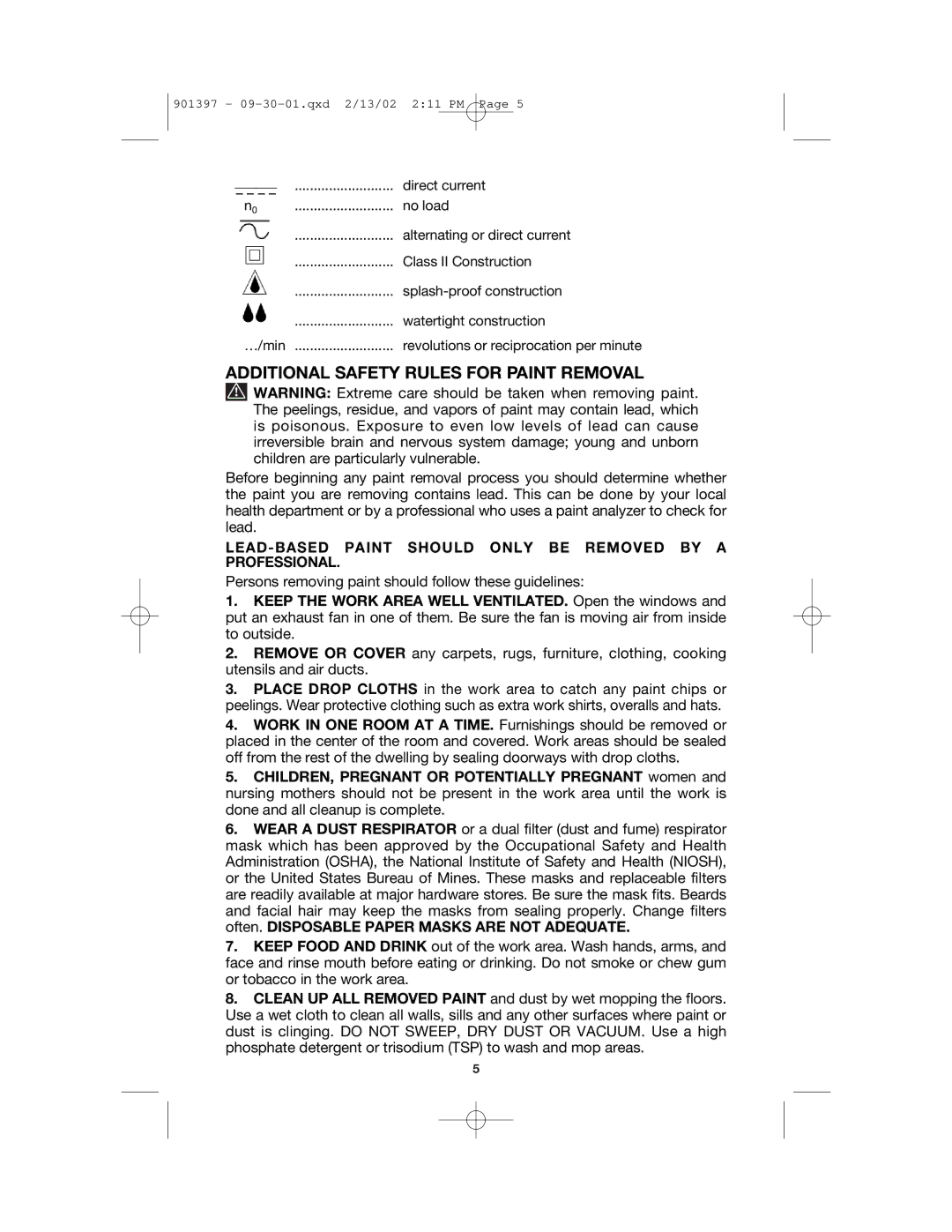 DeWalt 7408 instruction manual Additional Safety Rules for Paint Removal 