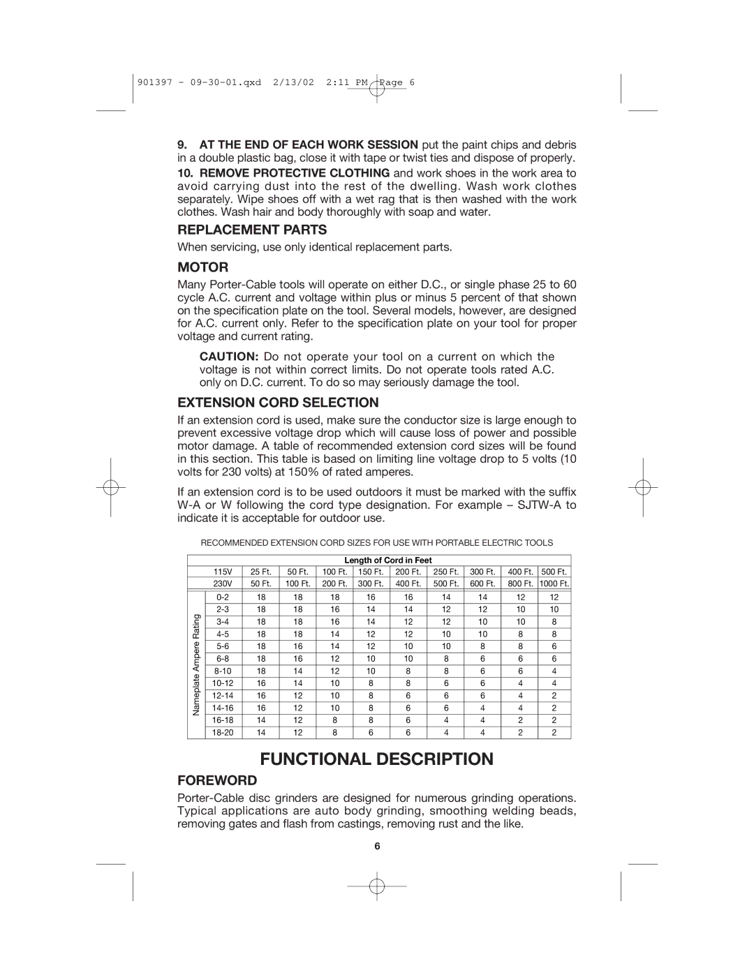 DeWalt 7408 instruction manual Functional Description, Replacement Parts, Motor, Extension Cord Selection, Foreword 