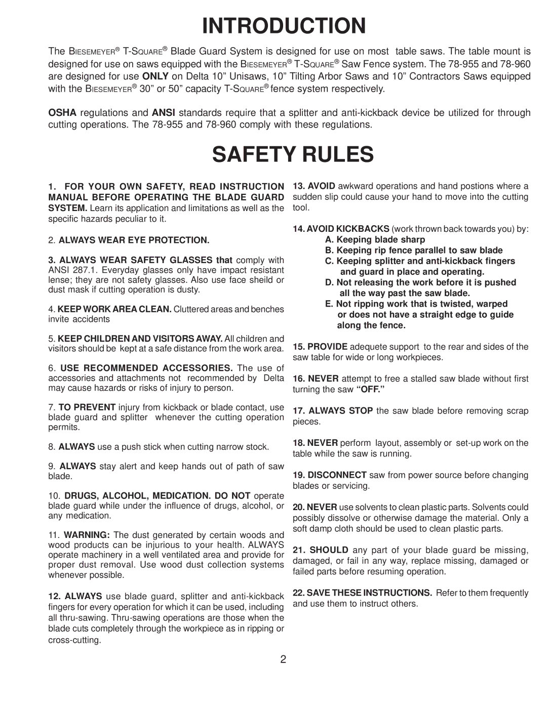 DeWalt 78-960, 78-955 instruction manual Introduction, Safety Rules 