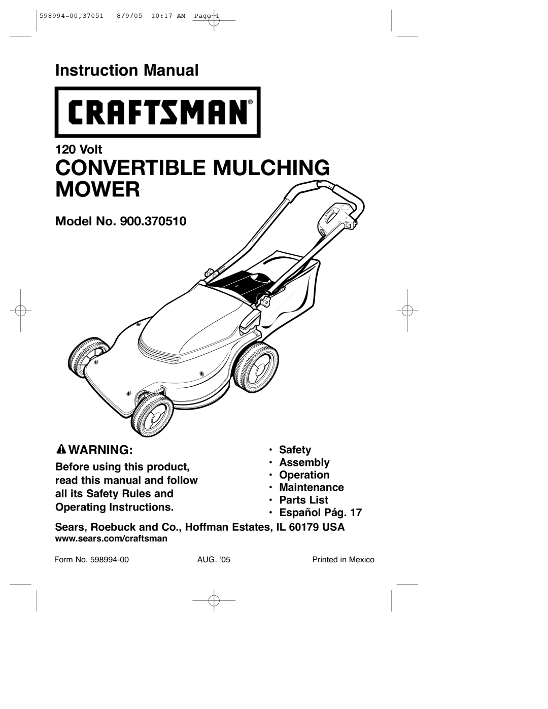 DeWalt 900.37051 instruction manual Convertible Mulching Mower, Form No AUG. ‘05 