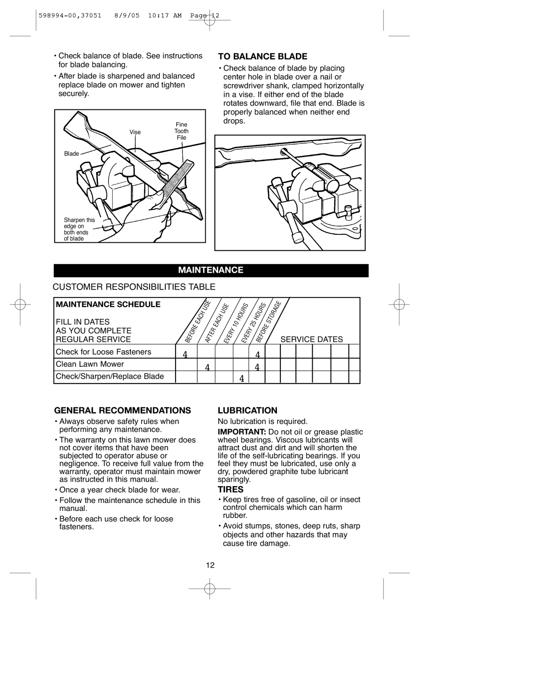 DeWalt 900.37051 instruction manual General Recommendations, Lubrication, Tires, Maintenance Schedule 