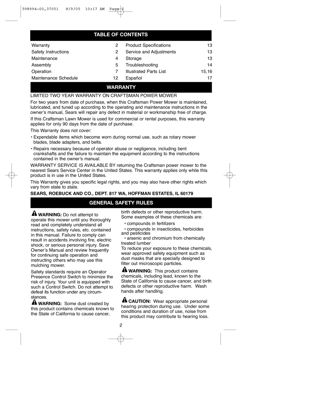 DeWalt 900.37051 instruction manual Table of Contents, Warranty, General Safety Rules 