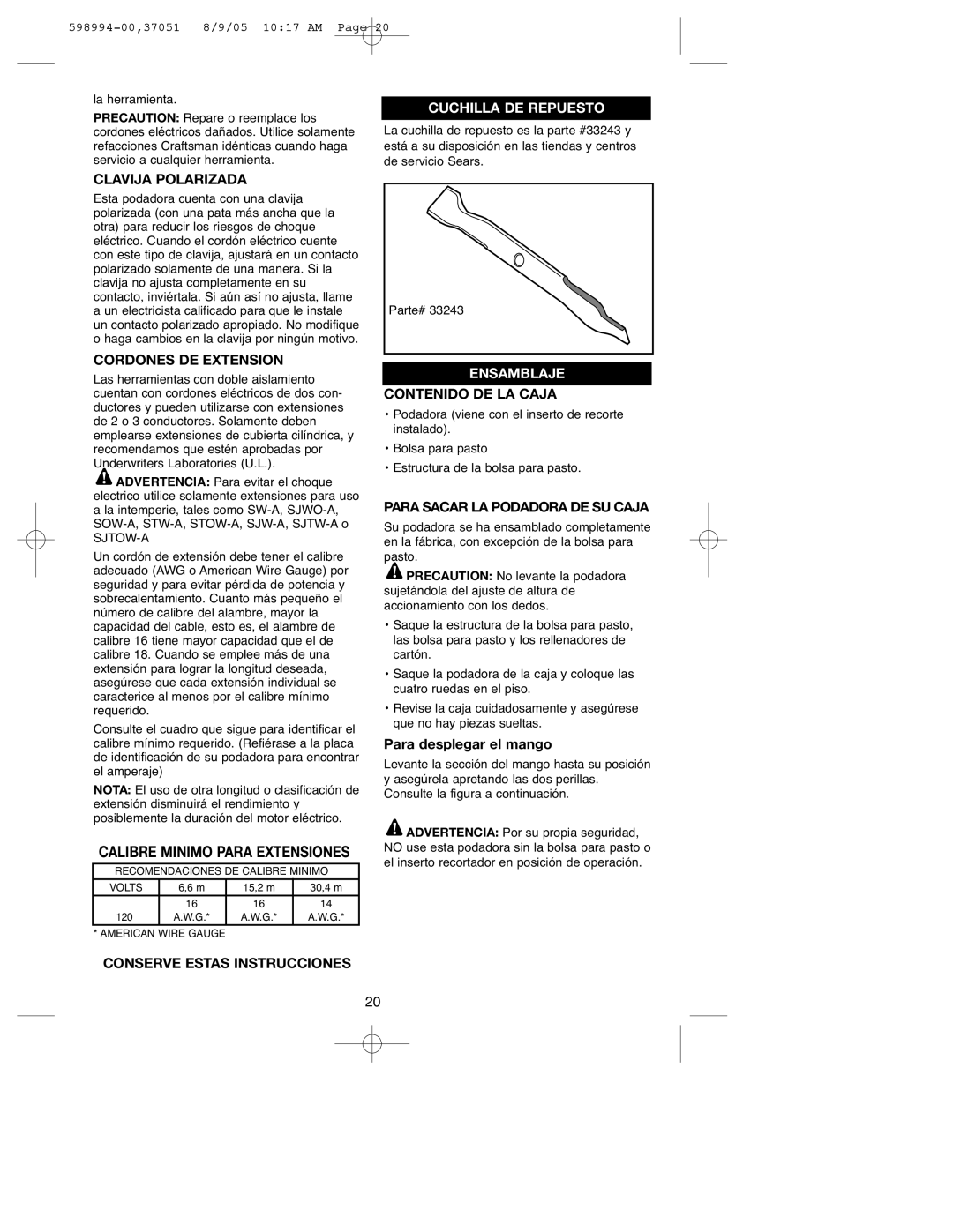 DeWalt 900.37051 instruction manual Calibre Minimo Para Extensiones 