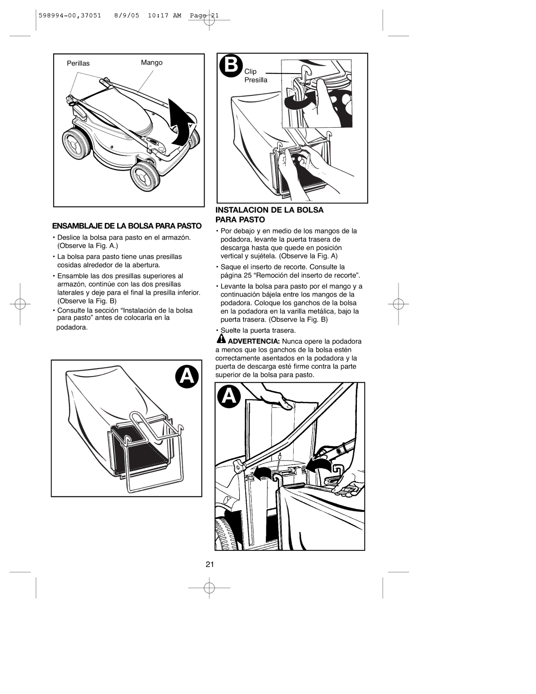 DeWalt 900.37051 instruction manual Instalacion DE LA Bolsa, Ensamblaje DE LA Bolsa Para Pasto 