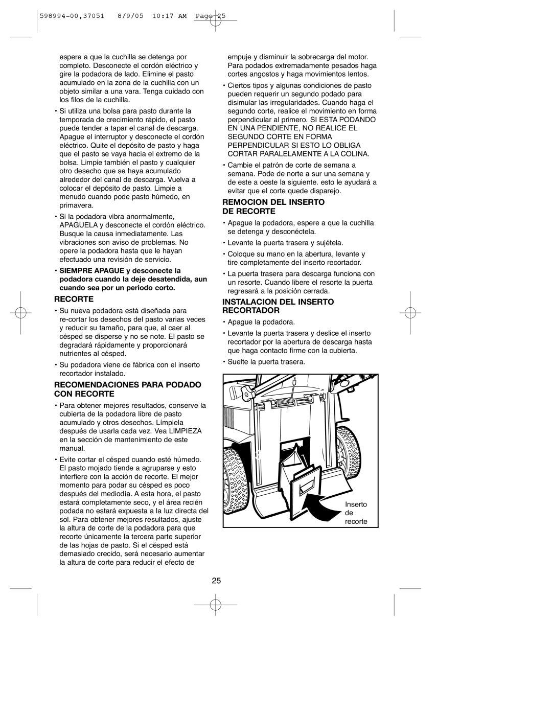 DeWalt 900.37051 instruction manual Recomendaciones Para Podado CON Recorte, Remocion DEL Inserto DE Recorte 