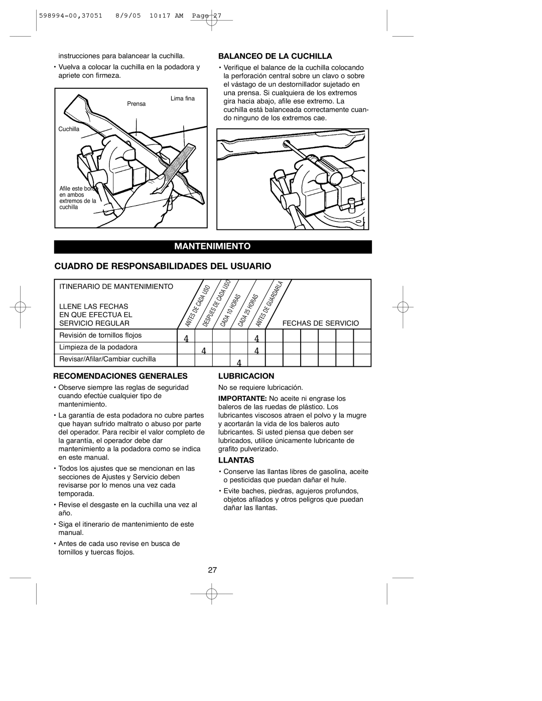 DeWalt 900.37051 instruction manual Mantenimiento, Cuadro DE Responsabilidades DEL Usuario 