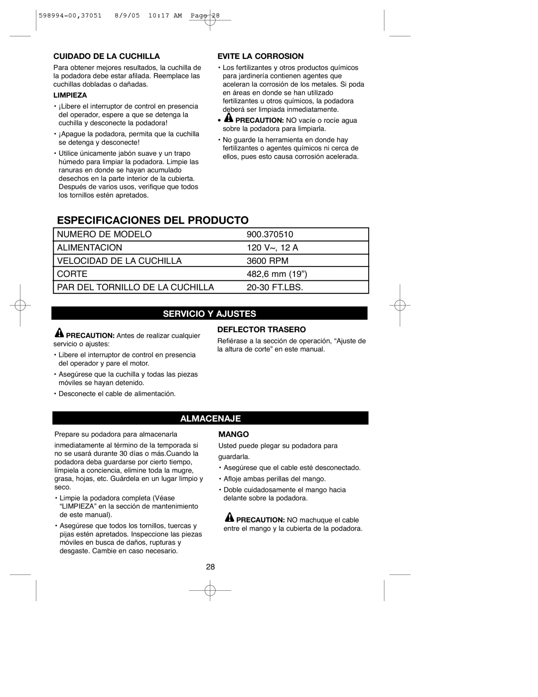 DeWalt 900.37051 instruction manual Servicio Y Ajustes, Almacenaje 