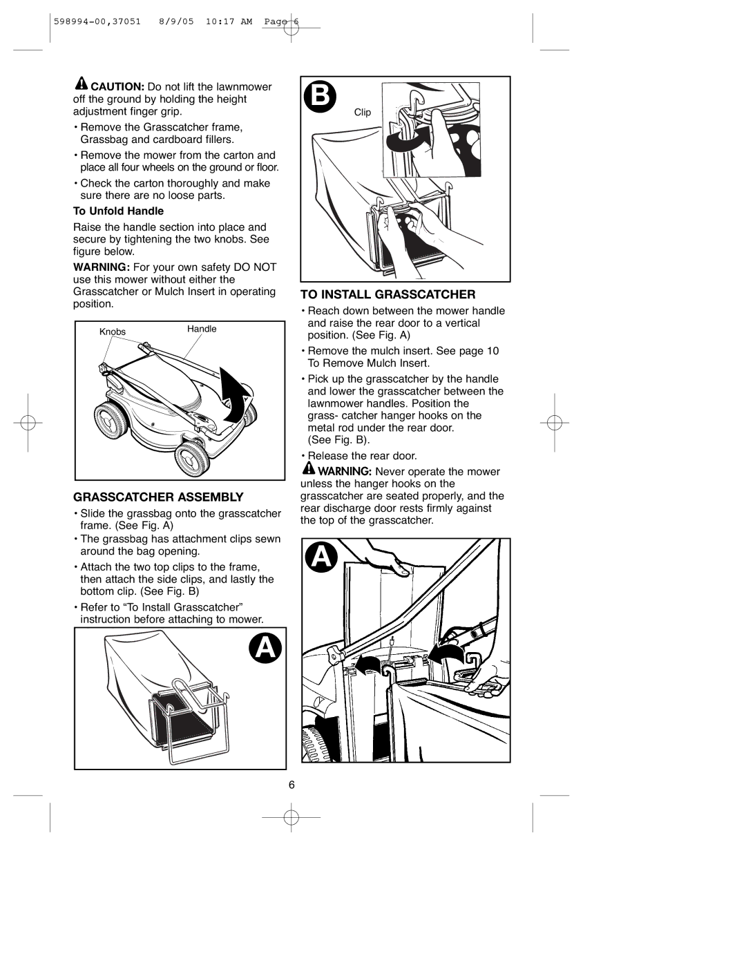 DeWalt 900.37051 instruction manual Grasscatcher Assembly, To Install Grasscatcher, To Unfold Handle 