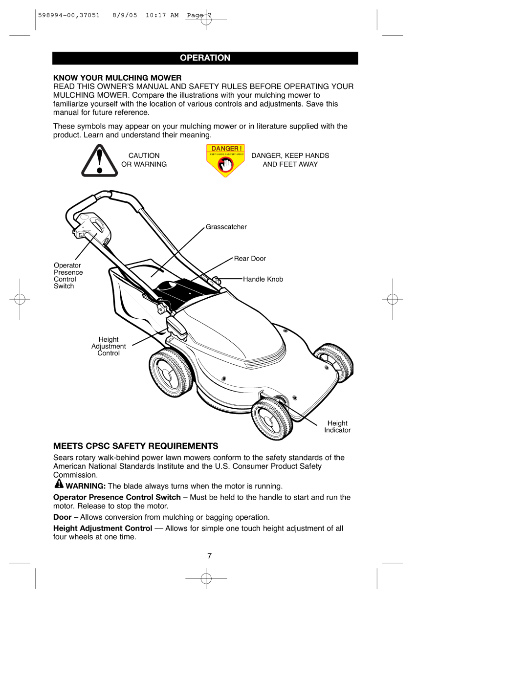 DeWalt 900.37051 instruction manual Operation, Meets Cpsc Safety Requirements, Know Your Mulching Mower 