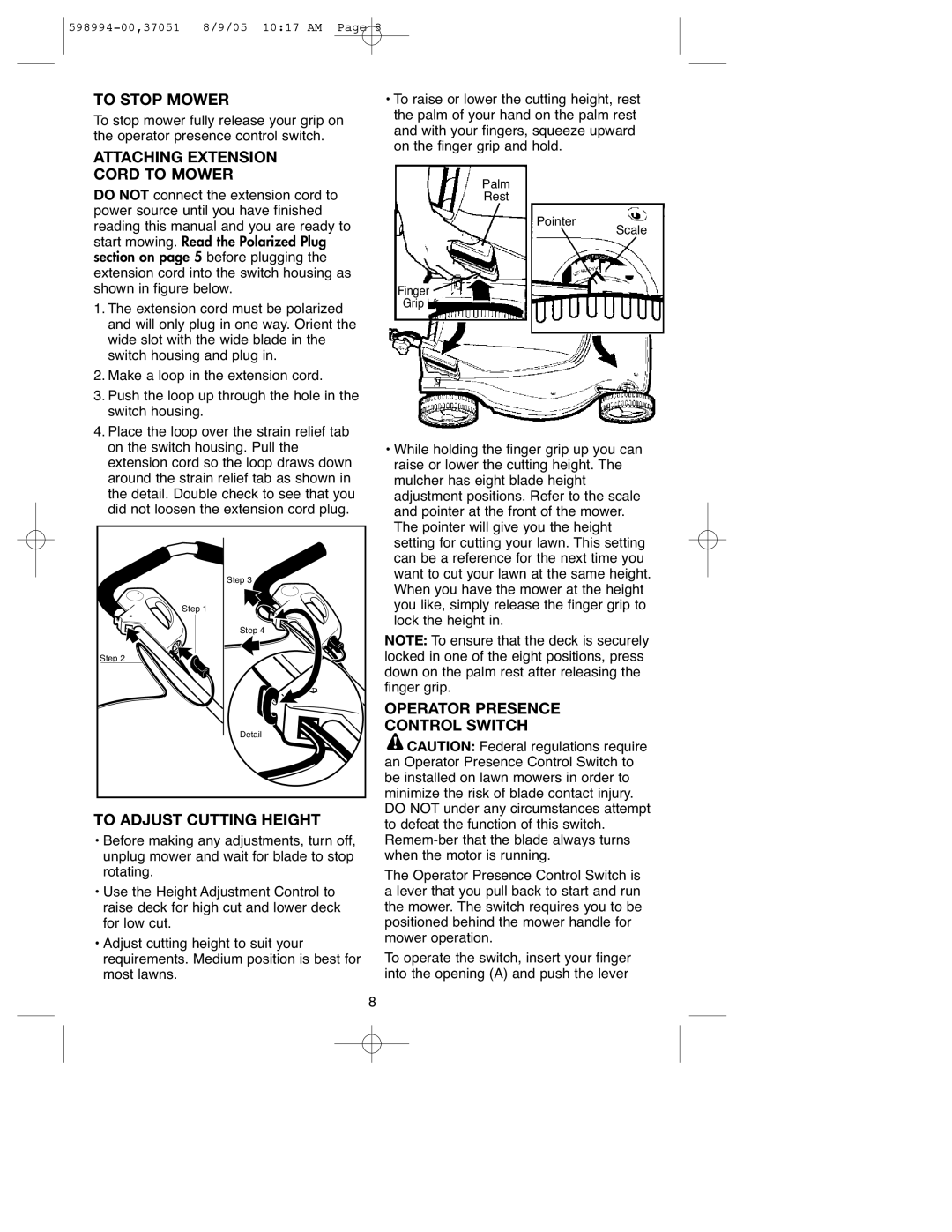 DeWalt 900.37051 instruction manual To Stop Mower, Attaching Extension Cord to Mower, To Adjust Cutting Height 