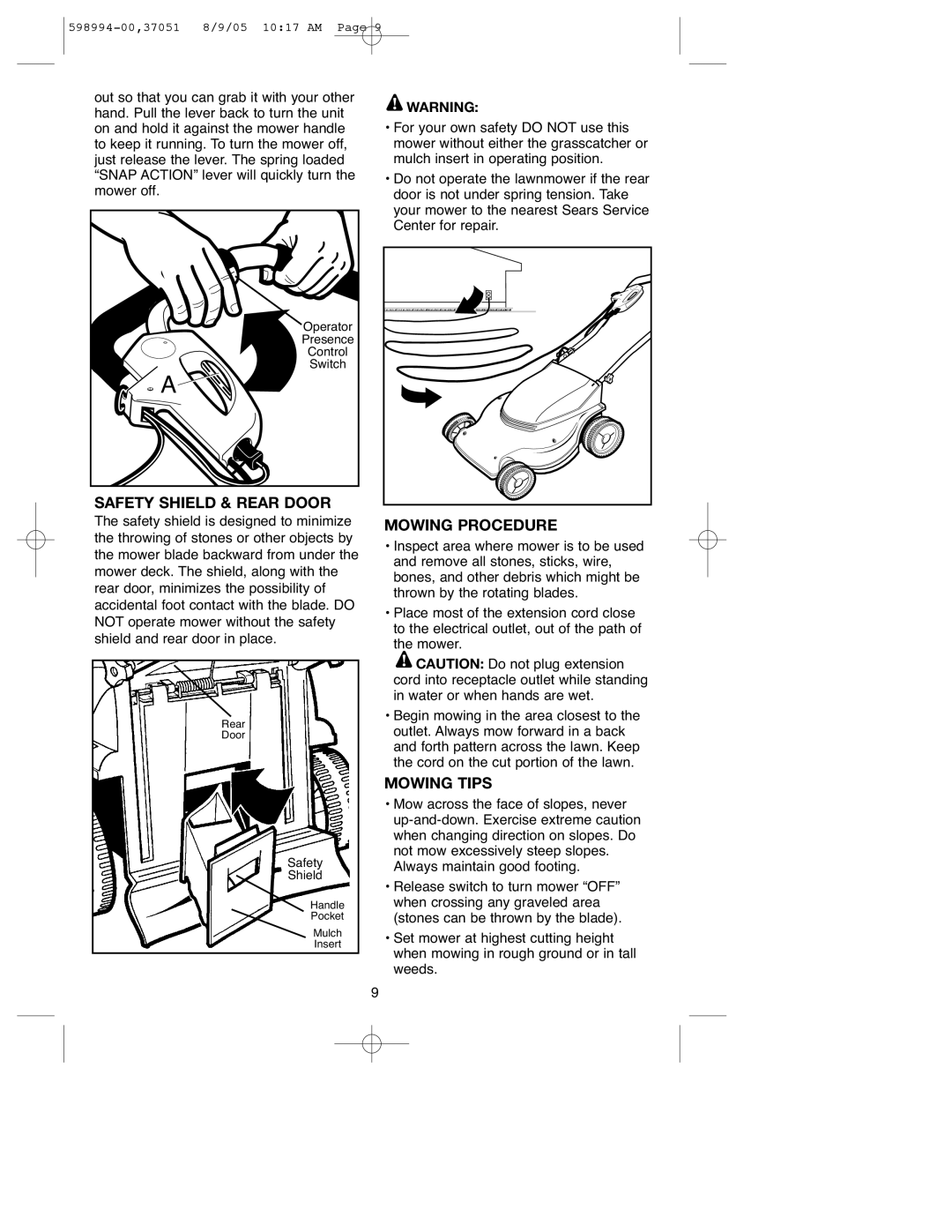 DeWalt 900.37051 instruction manual Safety Shield & Rear Door, Mowing Procedure, Mowing Tips 