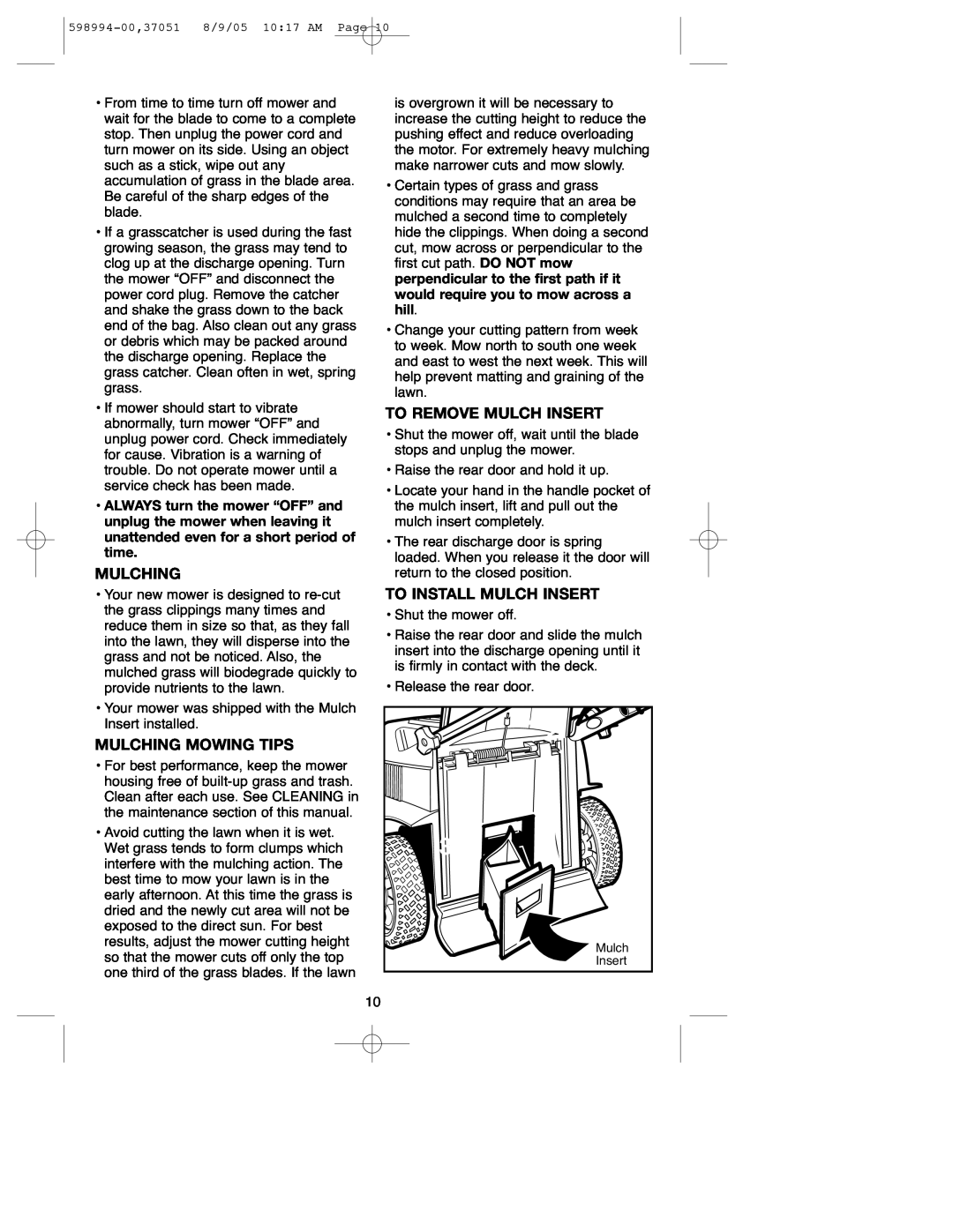 DeWalt 900.37051 instruction manual Mulching Mowing Tips, To Remove Mulch Insert, To Install Mulch Insert 