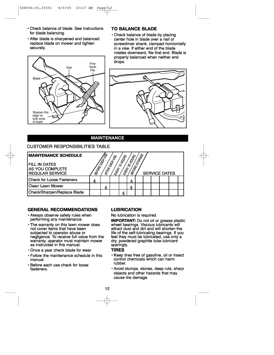 DeWalt 900.37051 instruction manual General Recommendations, Lubrication, Tires, Maintenance Schedule 