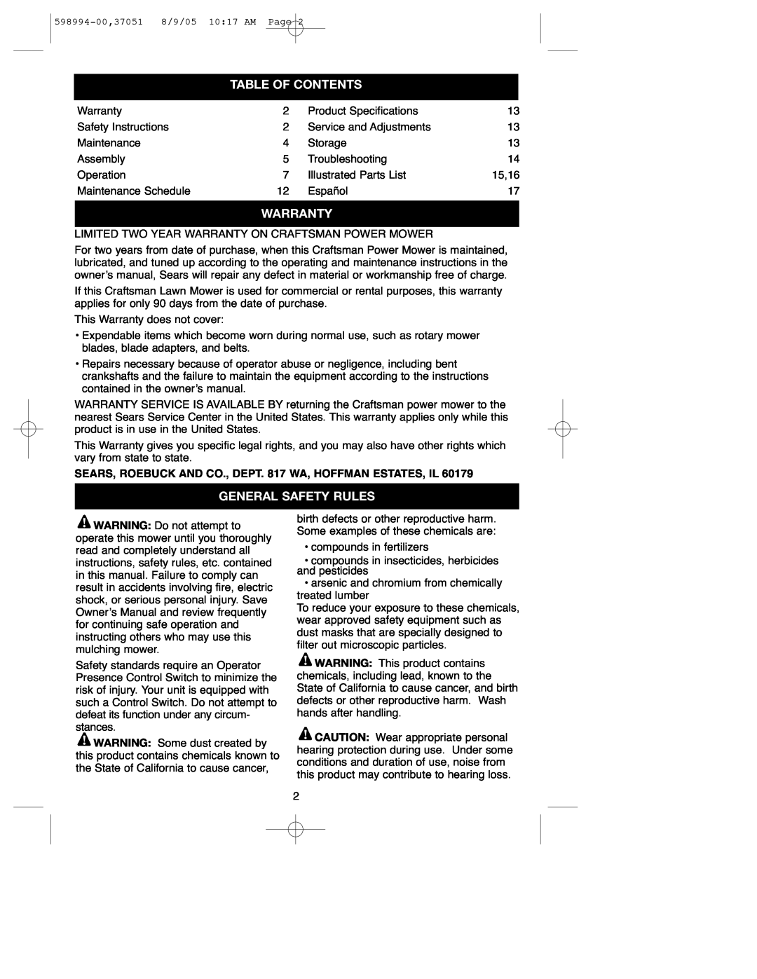 DeWalt 900.37051 instruction manual Table Of Contents, Warranty, General Safety Rules 