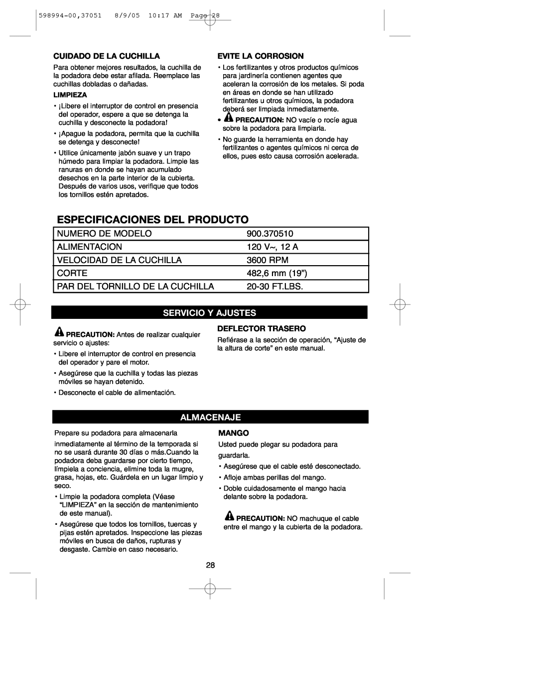DeWalt 900.37051 instruction manual Especificaciones Del Producto, Servicio Y Ajustes, Almacenaje 