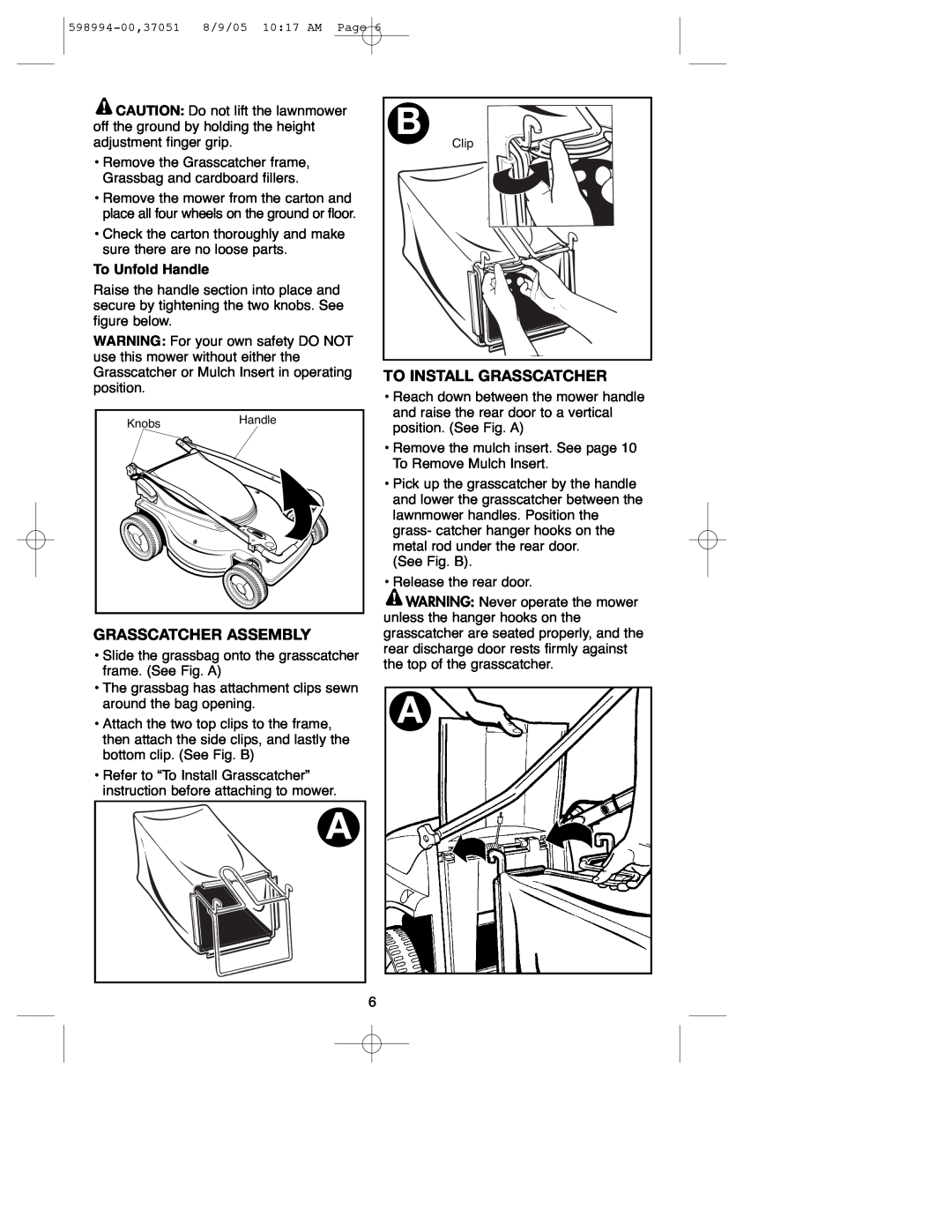 DeWalt 900.37051 instruction manual Grasscatcher Assembly, To Install Grasscatcher, To Unfold Handle 