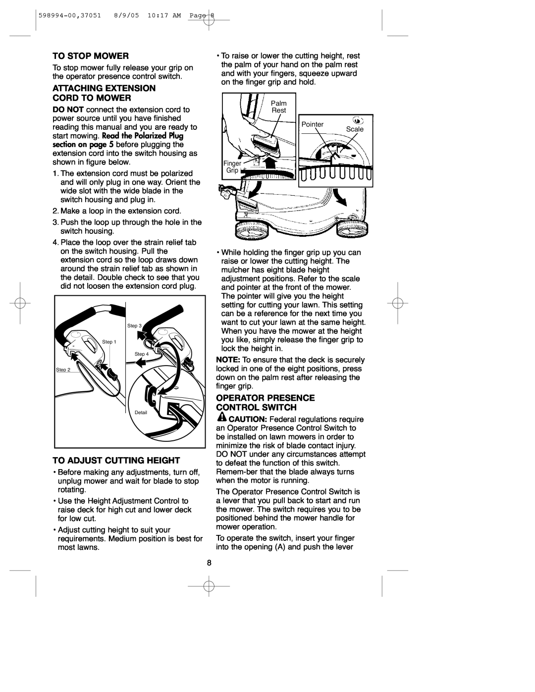 DeWalt 900.37051 instruction manual To Stop Mower, Attaching Extension Cord To Mower, To Adjust Cutting Height 