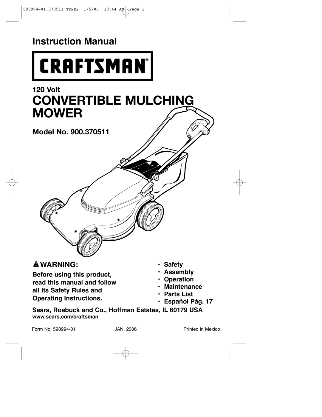 DeWalt 900.370511 instruction manual Convertible Mulching Mower 