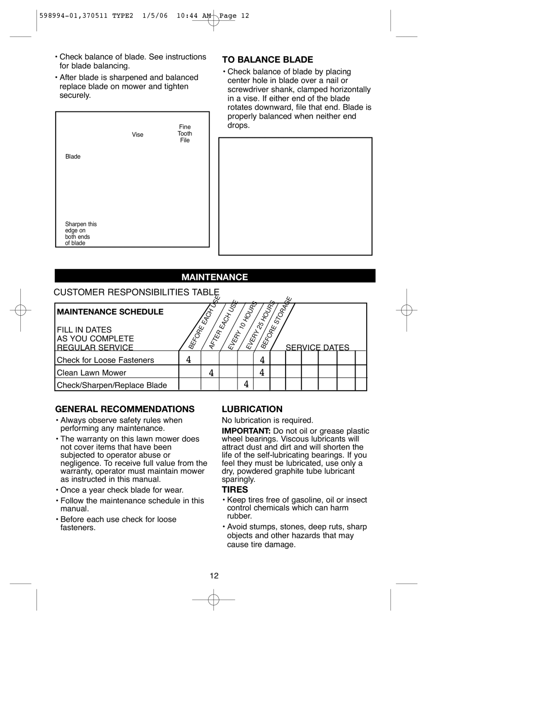 DeWalt 900.370511 instruction manual To Balance Blade, Maintenance, General Recommendations, Lubrication, Tires 