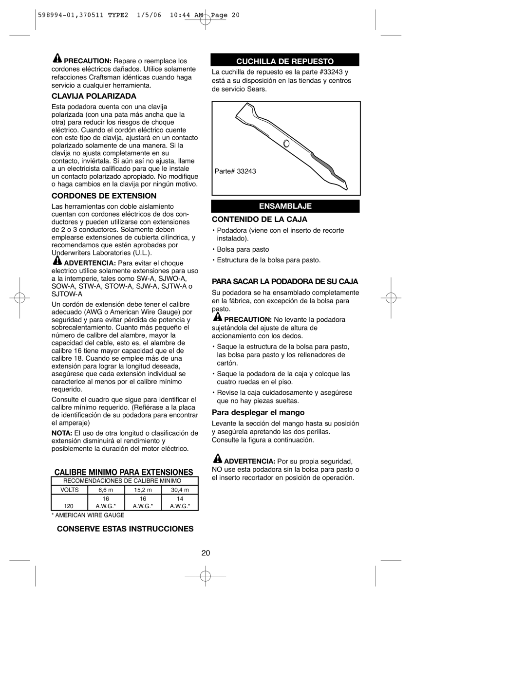 DeWalt 900.370511 Clavija Polarizada, Cordones DE Extension, Calibre Minimo Para Extensiones, Conserve Estas Instrucciones 