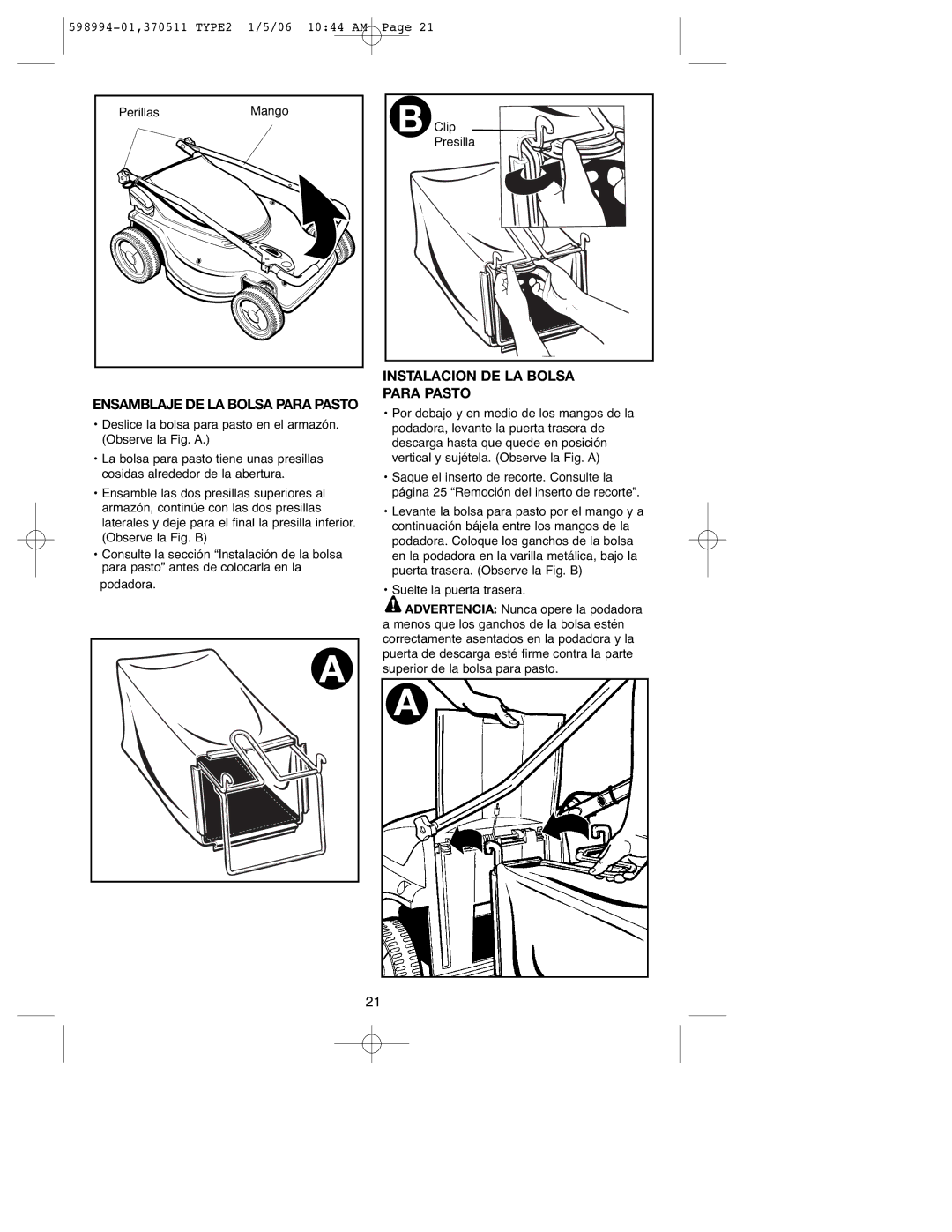 DeWalt 900.370511 instruction manual Ensamblaje DE LA Bolsa Para Pasto, Instalacion DE LA Bolsa Para Pasto 