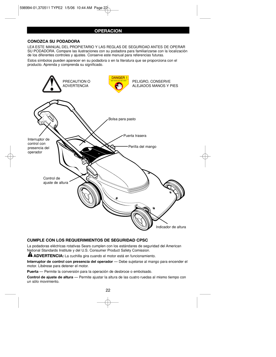 DeWalt 900.370511 instruction manual Operacion, Conozca SU Podadora, Cumple CON LOS Requerimientos DE Seguridad Cpsc 