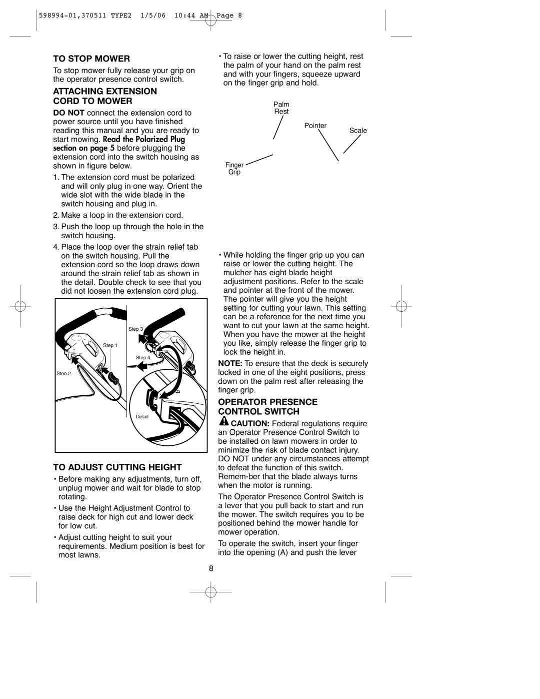 DeWalt 900.370511 instruction manual To Stop Mower, Attaching Extension Cord to Mower, To Adjust Cutting Height 