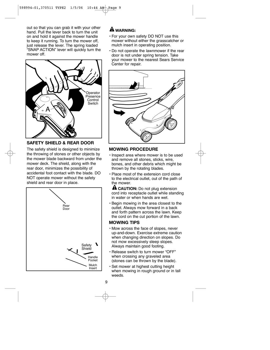 DeWalt 900.370511 instruction manual Safety Shield & Rear Door, Mowing Procedure, Mowing Tips 