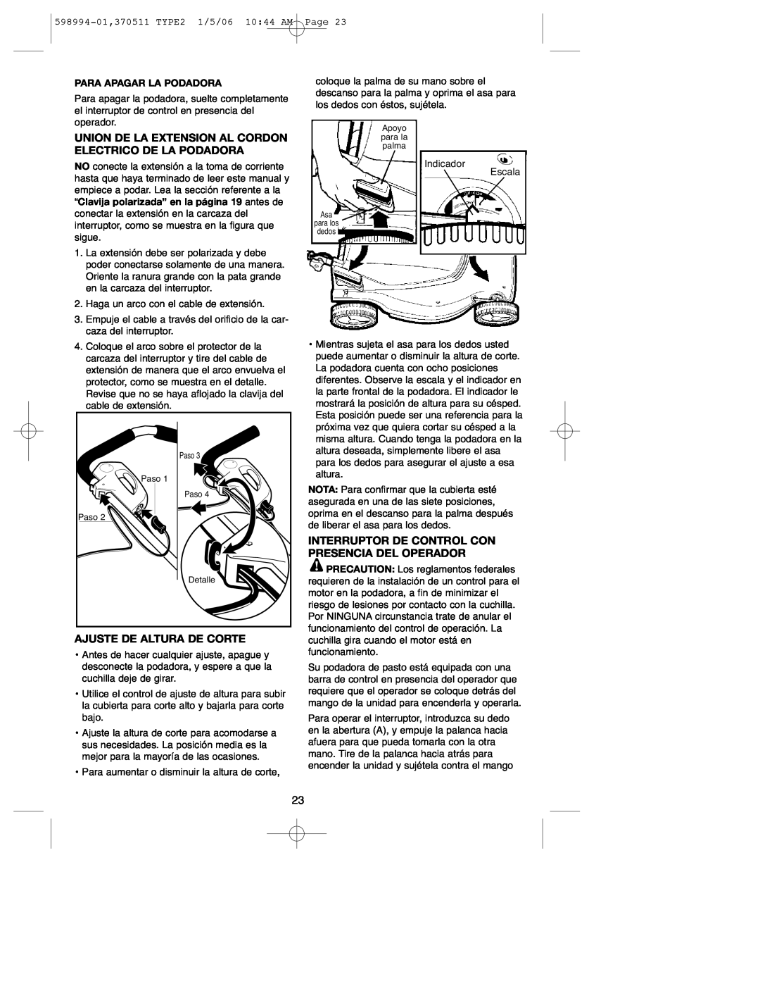 DeWalt 900.370511 instruction manual Union De La Extension Al Cordon Electrico De La Podadora, Ajuste De Altura De Corte 