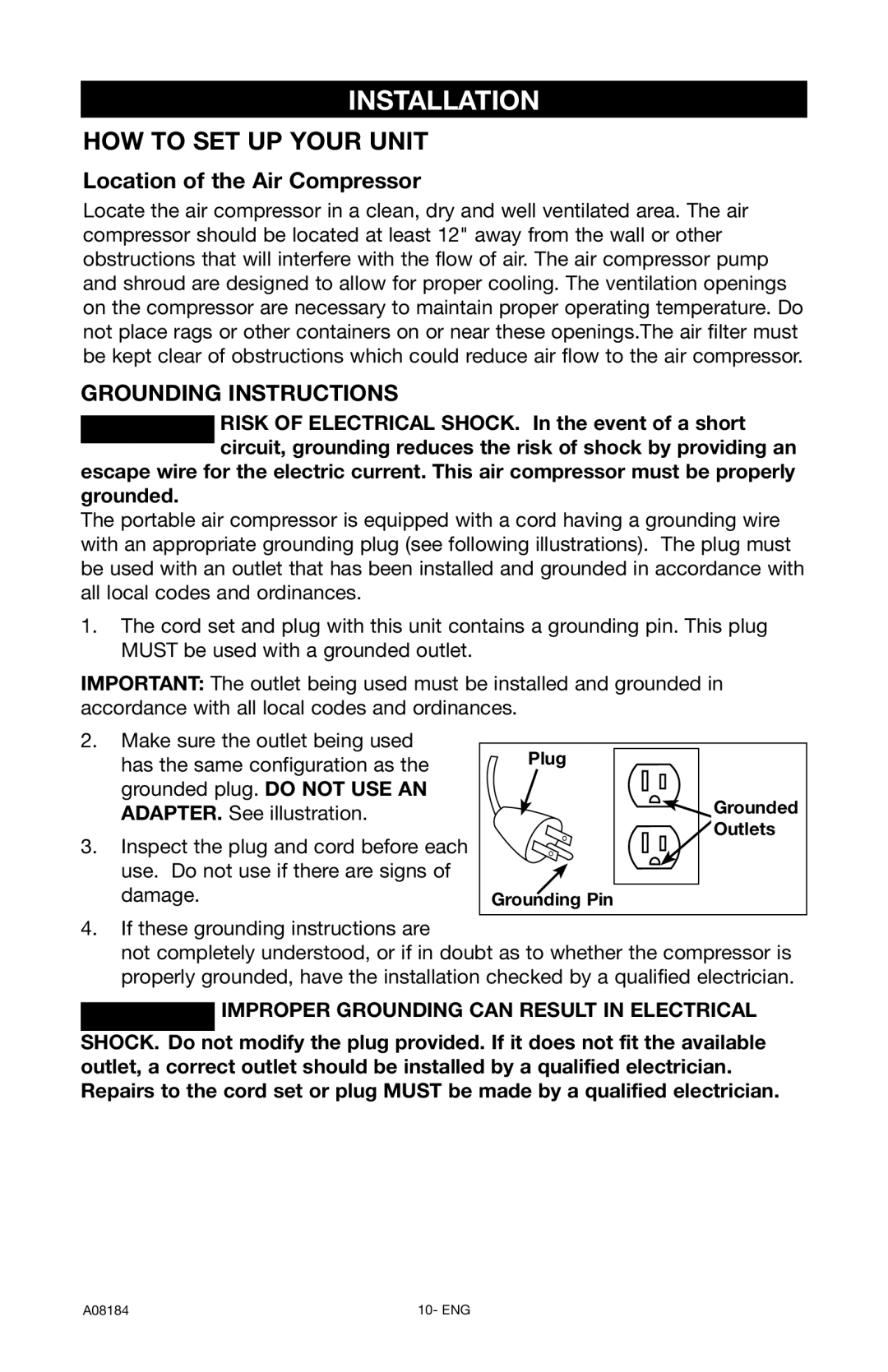 DeWalt A08184 instruction manual Installation, Location of the Air Compressor 